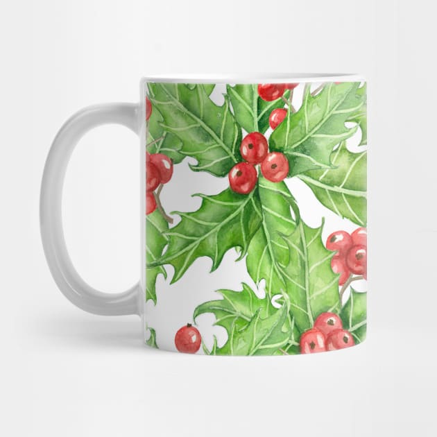 Holly berry watercolor Christmas pattern by katerinamk